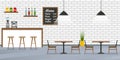 Cafe, restaurant or cafeteria interior design with bar counter, tables and chairs. Bar inside with brick wall and menu board. Royalty Free Stock Photo